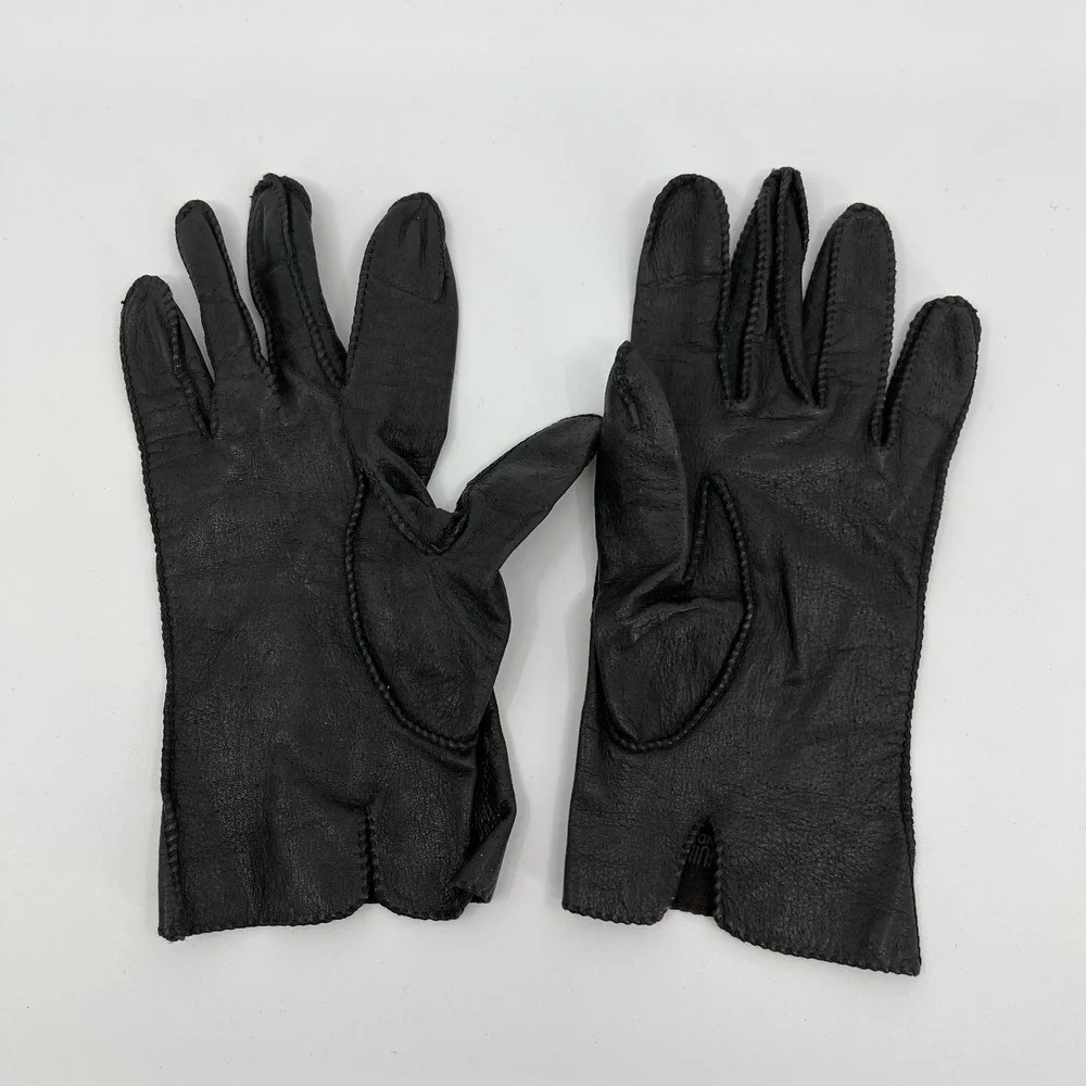 Vtg Black Deer Leather Driving Gloves Womens 8 Short Wrist Dress Tea Party Femme
